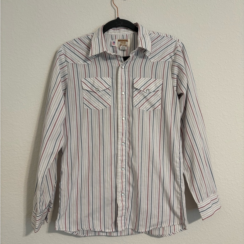 White, Blue and Red Striped Pearl Snap Shirt